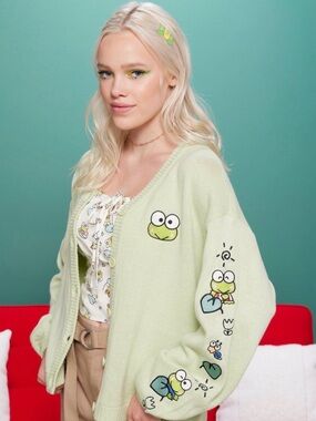 Sanrio Light Green Keroppi Cartoon Button-Front Cardigan